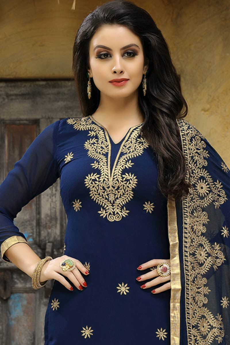 Buy Elegant Blue Silk Patiala Suits With Hand Work Online - LSTV0776