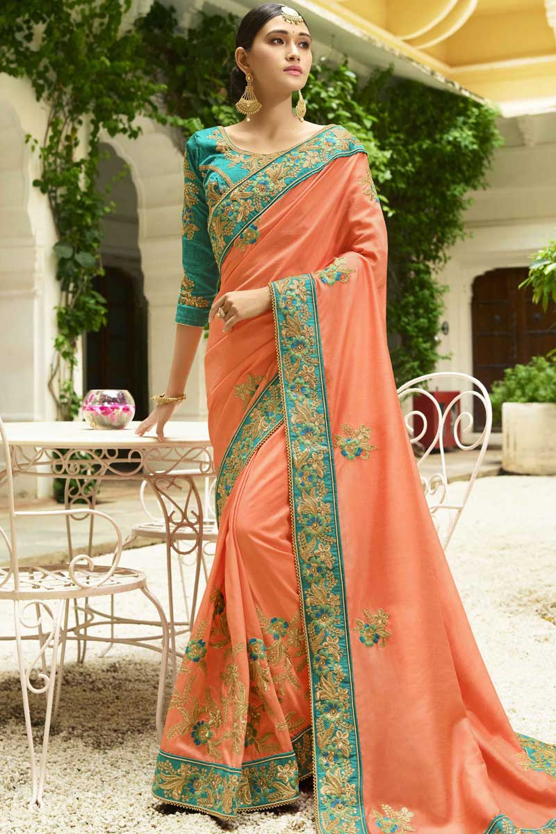 Peach saree with green blouse clearance