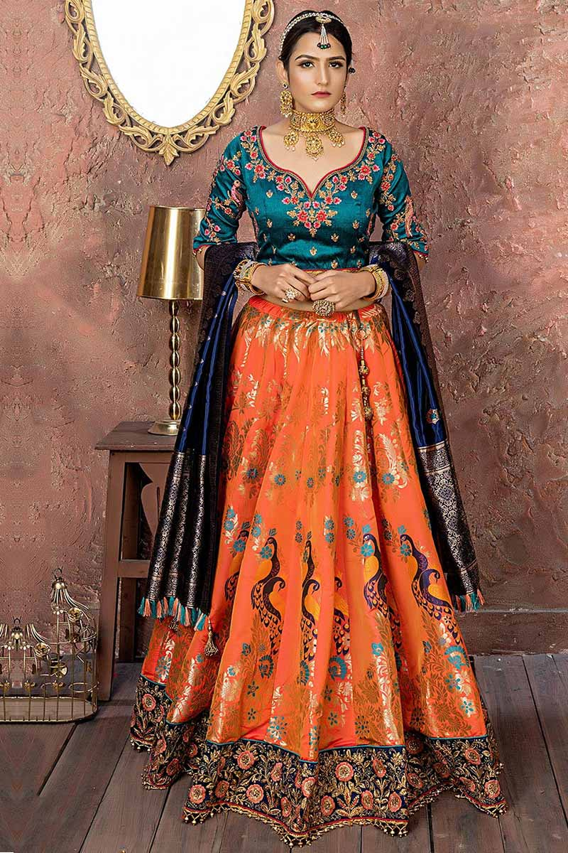 Buy Peacock Blue And Orange Jacquard Silk Lehenga Choli Online Llcv01045 Andaaz Fashion