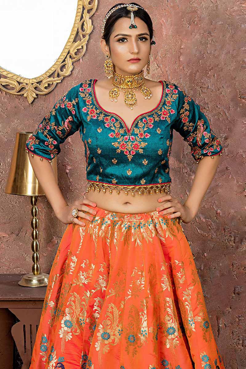 Buy Orange Lehenga With Blue Dupatta Set Women's Heavy Net Online in India  - Etsy