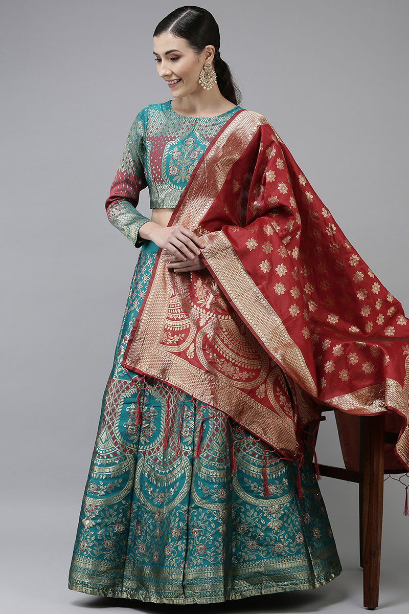 Peacock Blue And Red Bridal Lehenga
