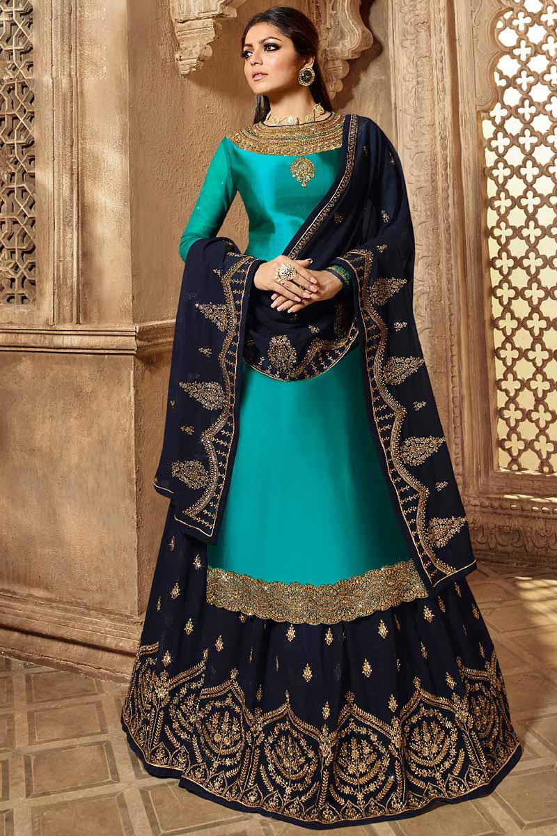 Peacock Blue Silk Kurti With Georgette Lehenga Peacock Blue Silk Kurti With Georgette Lehenga