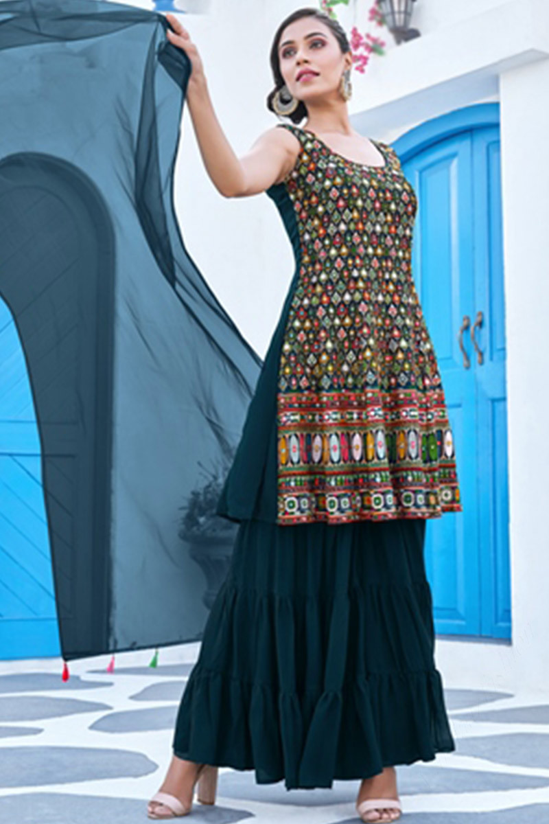 Exclusive Collection Peacock Blue Sharara Suit With Thread Work
