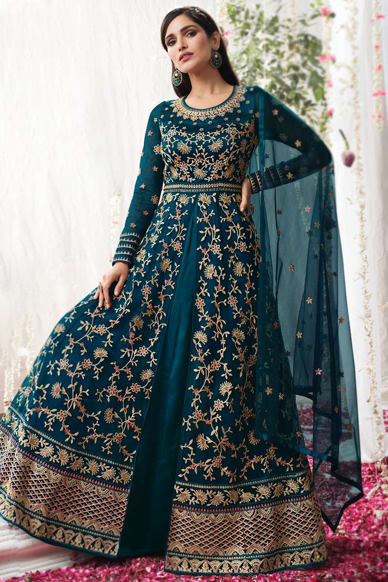 Eid Collection Peacock Blue Anarkali Suit with Zari work LSTV116351
