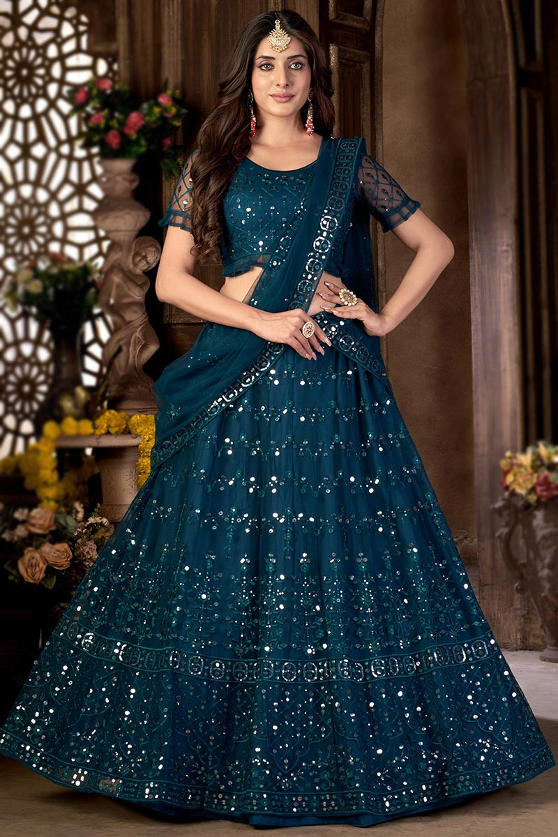 Gorgeous Peacock Blue Jacquard Silk Party Wear Gown