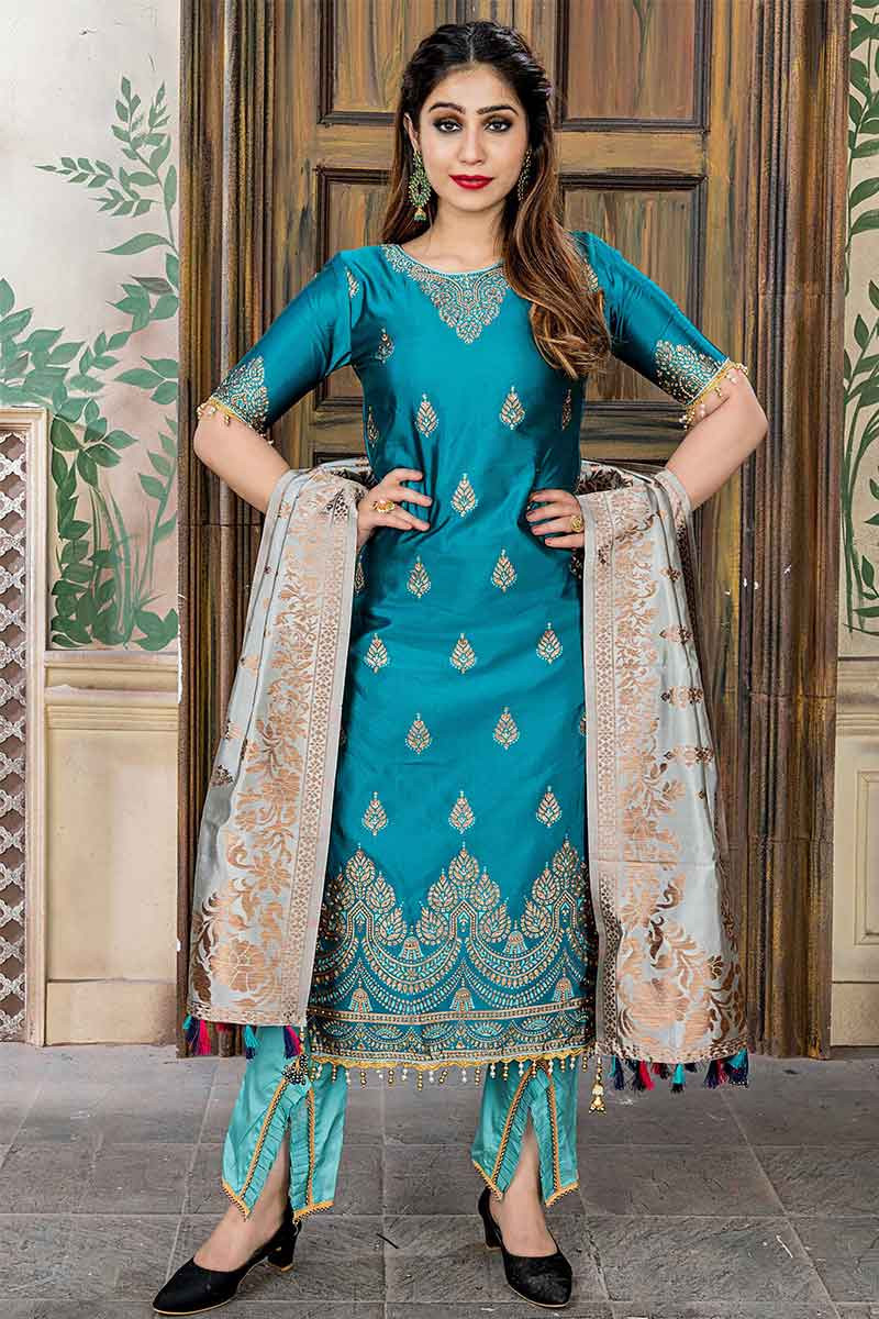Buy Peacock Blue Silk Trouser Suit With