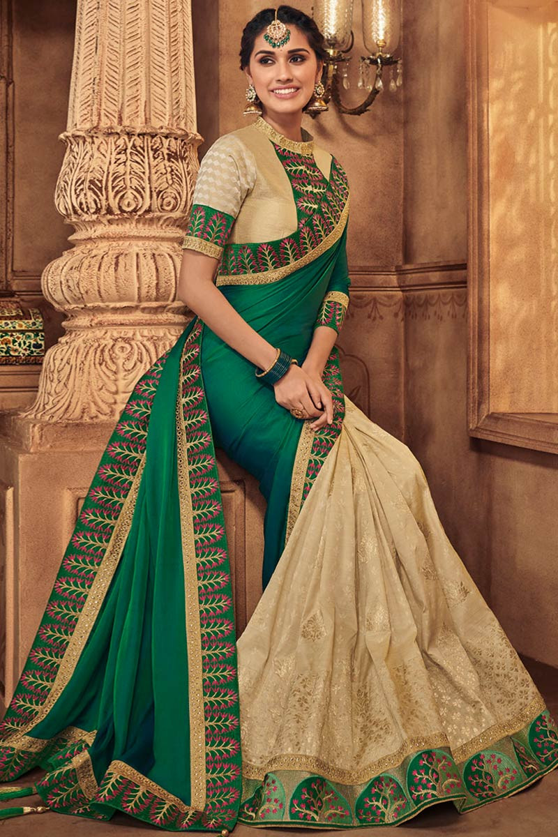 Buy Peacock Green Silk Half And Half Saree Online Sarv Andaaz Fashion