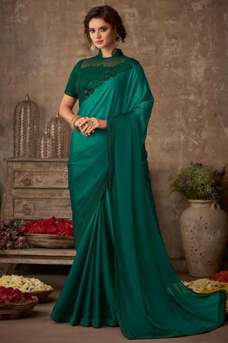 Buy Peacock Green Silk Saree With Banglori Silk Blouse Online Sarv02454 Andaaz Fashion 6993