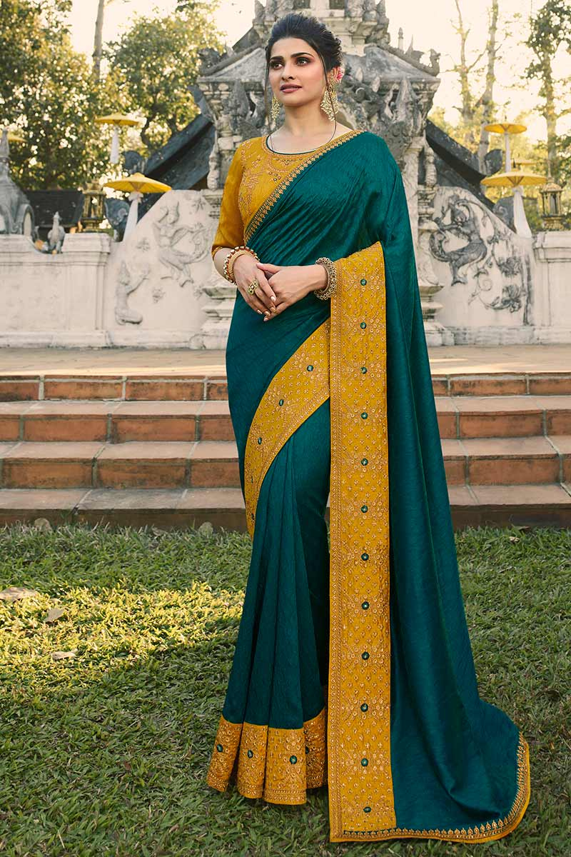 Peacock green silk saree with contrast blouse Sale