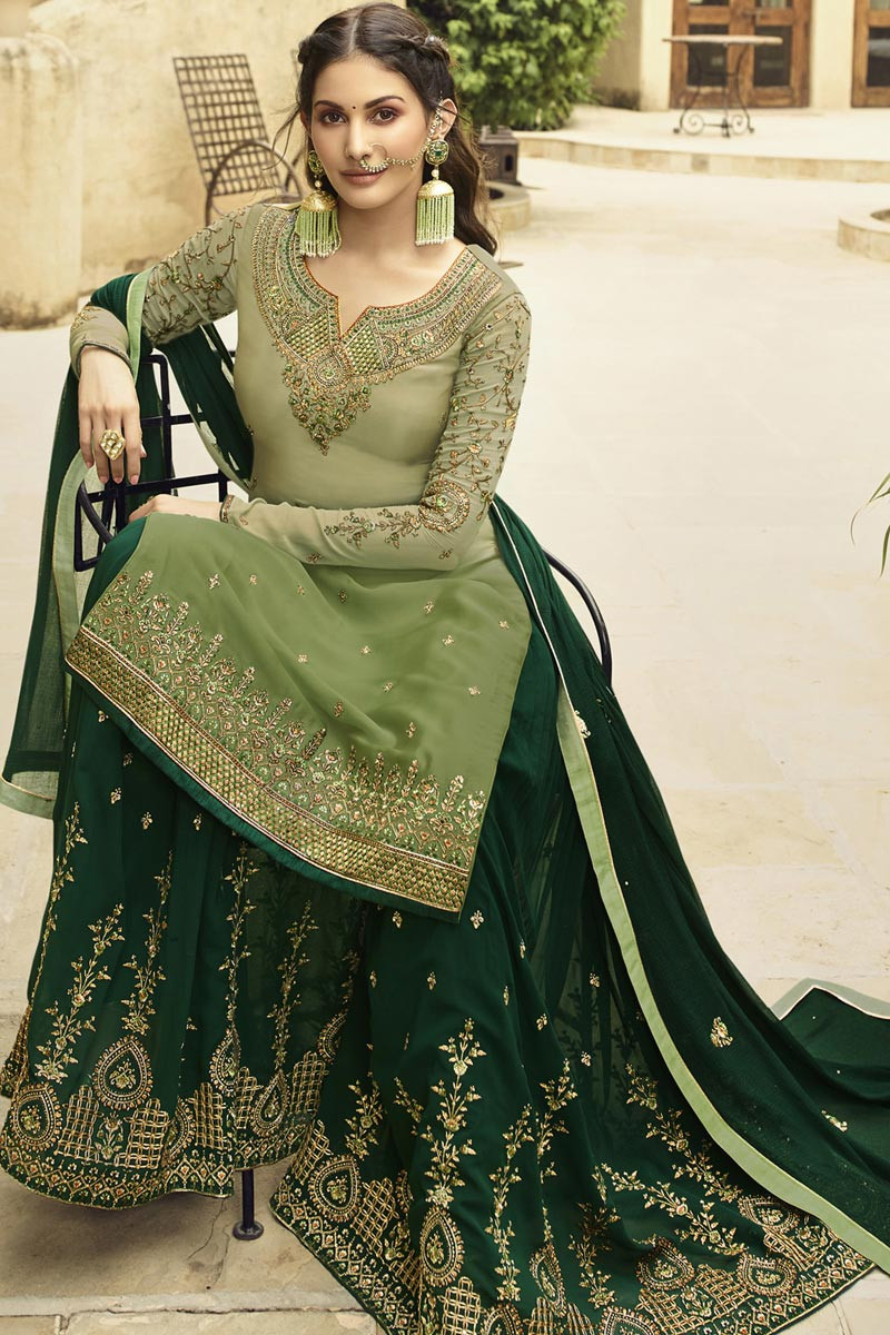 Embellished Pear Green Sharara Suit With Zardosi Work LSTV09542