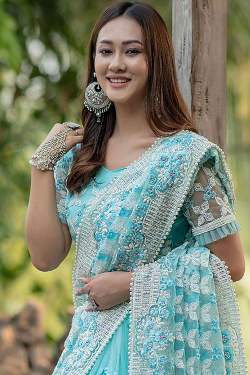 pearl work embroidered net sky blue saree sarv114308 2