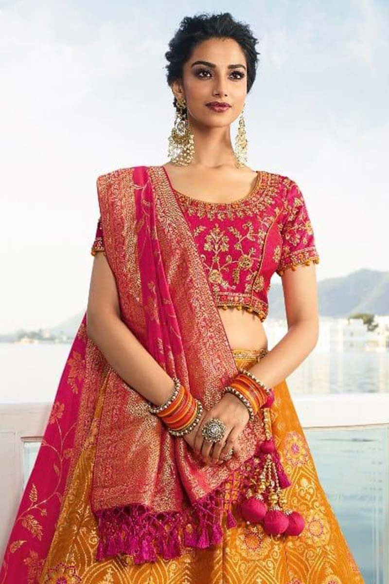 Buy Pink and Orange Banarasi Silk Lehenga With Silk Choli Online ...