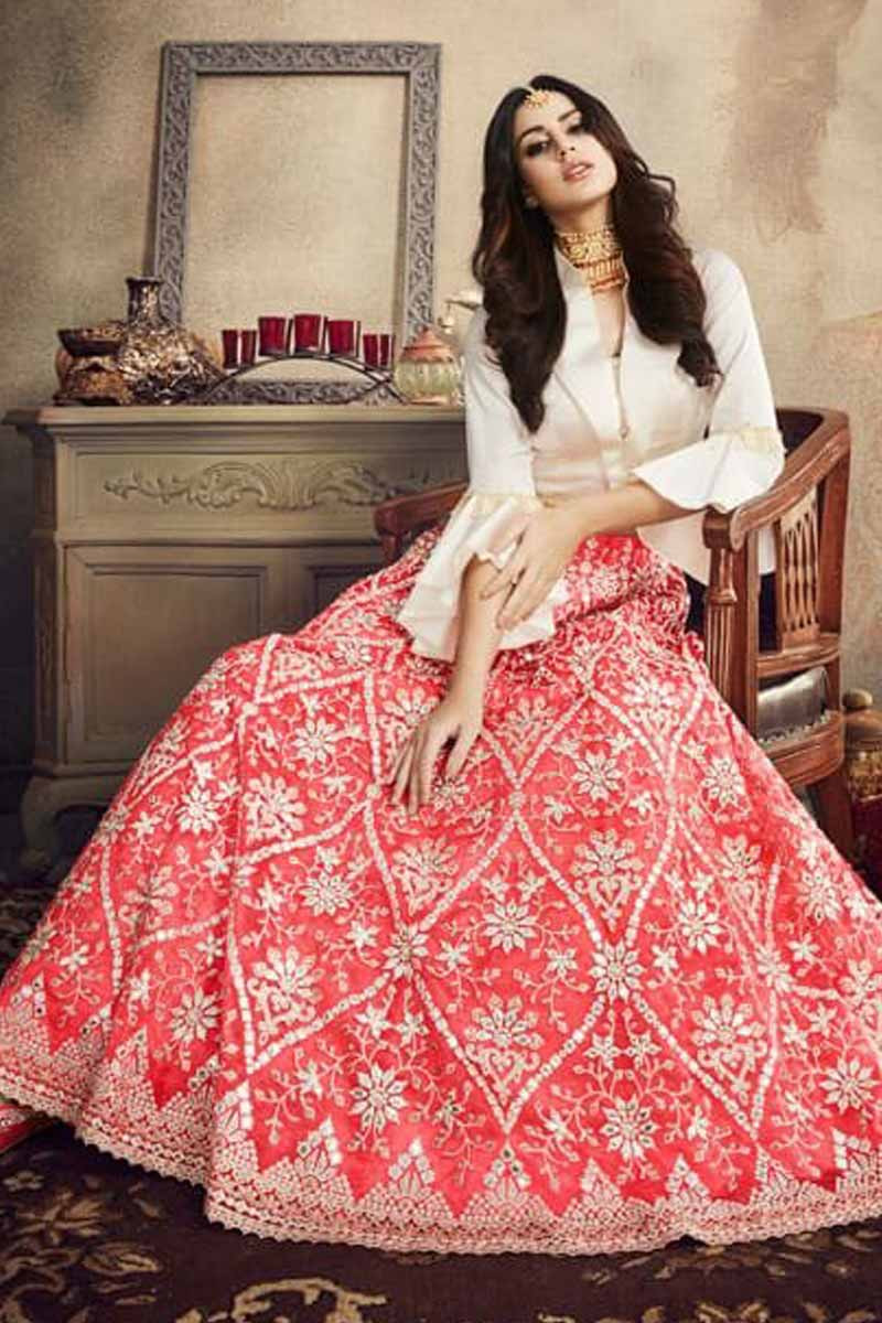 pink and off white lehenga choli