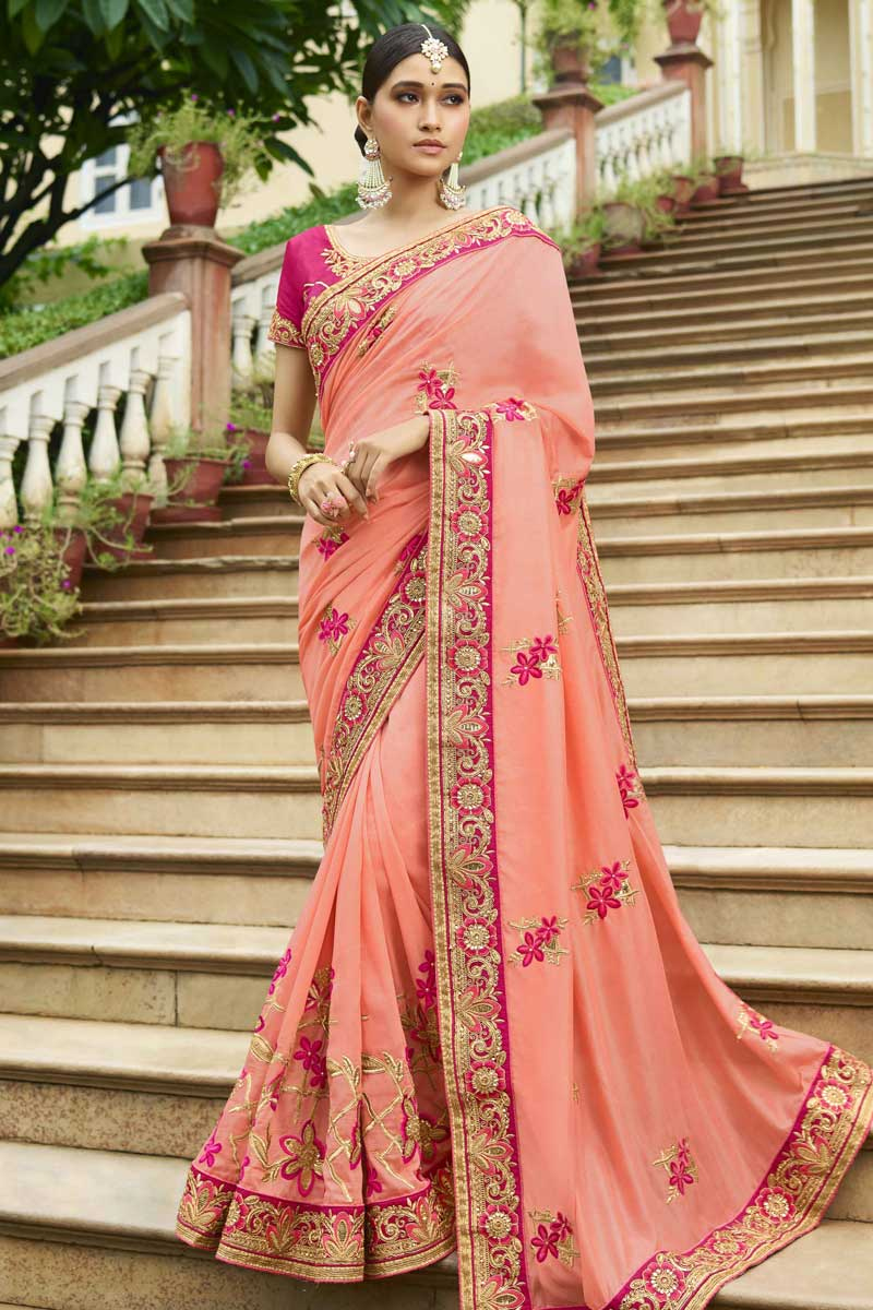 Buy Peach Art Silk Saree With Pink Colour Blouse Online Sarv0384 Andaaz Fashion peach art silk saree with pink colour blouse