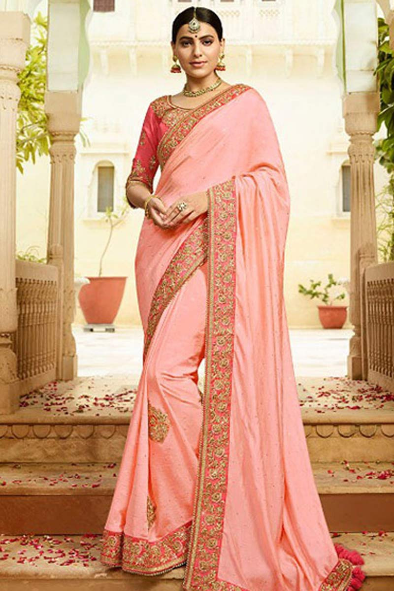 Pink saree with red blouse