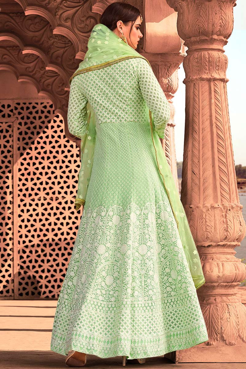 Buy Pistachio Green Net Anarkali Suit With Lucknowi Embroidery ...