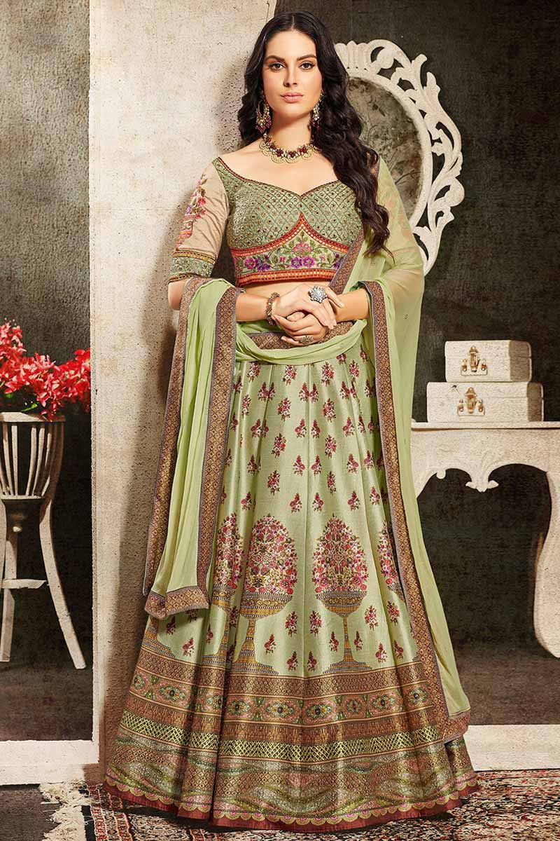 Pistachio Green Silk Lehenga Choli With Resham Work