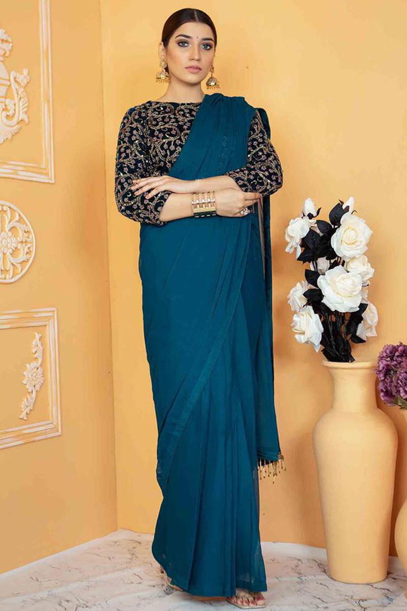 Readymade Collection Plain Chiffon Teal Blue Party Wear Saree ...