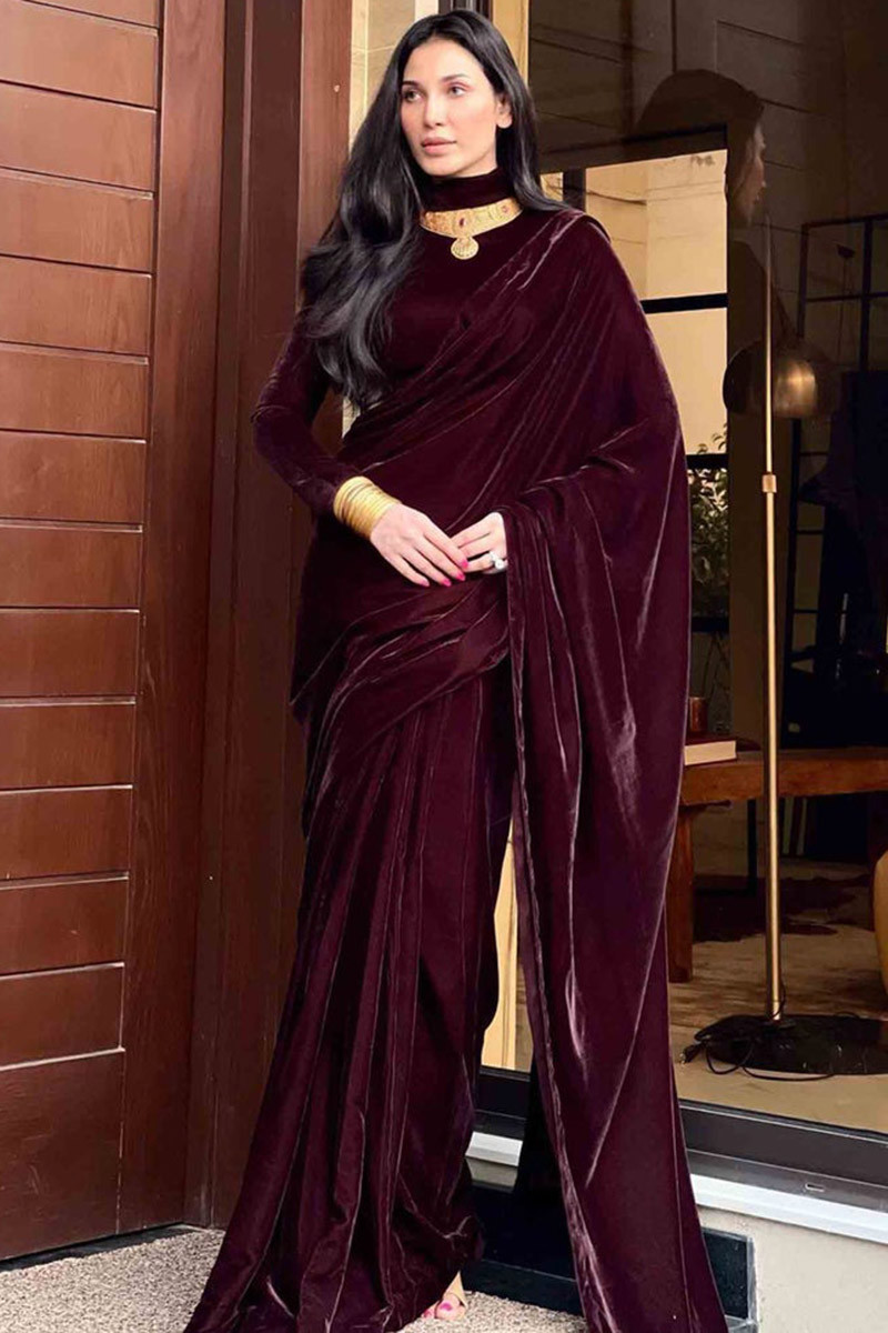Reeta Fashion Designer Maroon Satin Silk Plain Saree with Unstitched Blouse  | Reeta Fashion