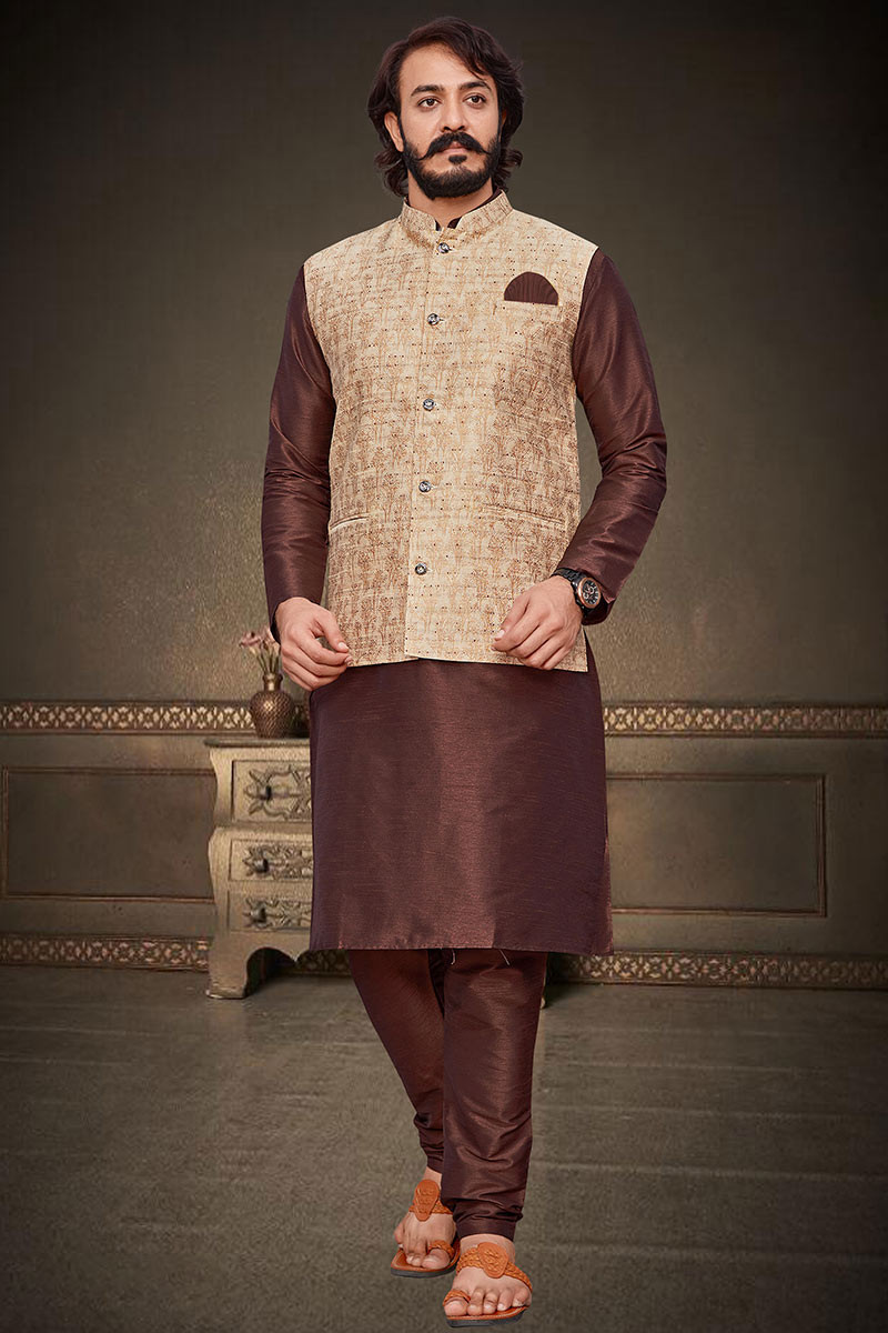 Eid Collection Brown Men Kurta Pajama with Plain MKPA01106