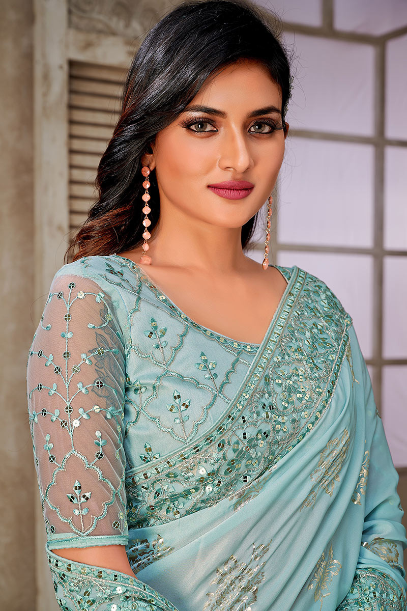 Powder Blue Stitched Ready To Wear Saree With Stone Studded Blouse