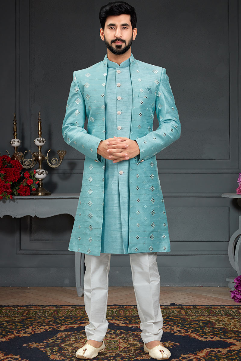 Ready Made Online Powder Blue Silk Embroidered Churidar Men Sherwani MSTV01207