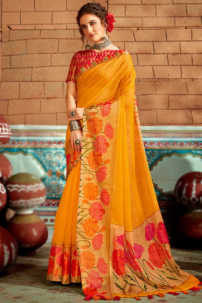 Buy Latest Printed Cotton Mustard Yellow Indian SareeSARV120193