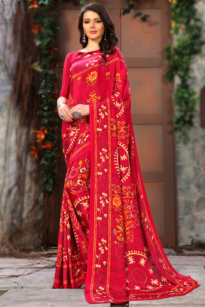 Ruby Red Designer Embroidered Georgette Party Wear Saree  Sairas Boutique
