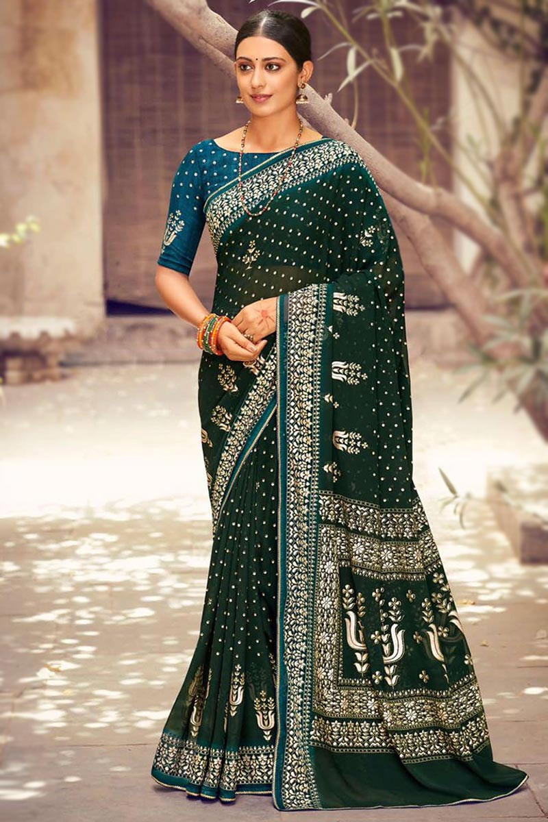 STORE HOUSE Green & Gold-Toned Pure Georgette Saree With Sequence Work Lace  Border Saree