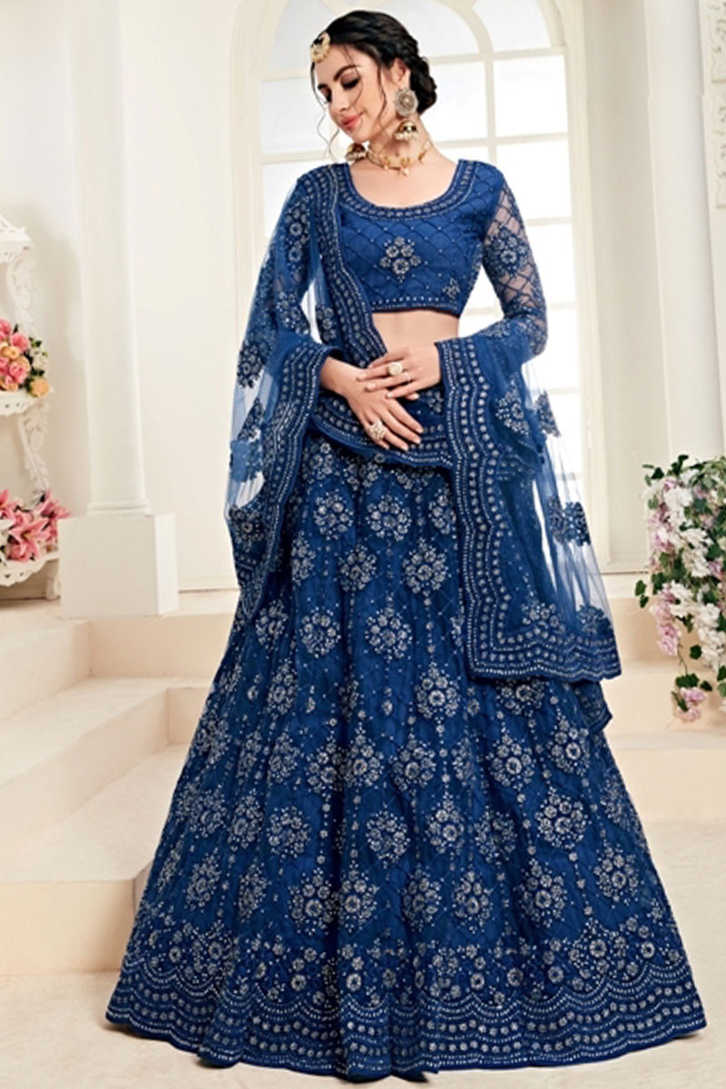 Buy Prussian Blue Designer Net Lehenga with Net Choli Online ...