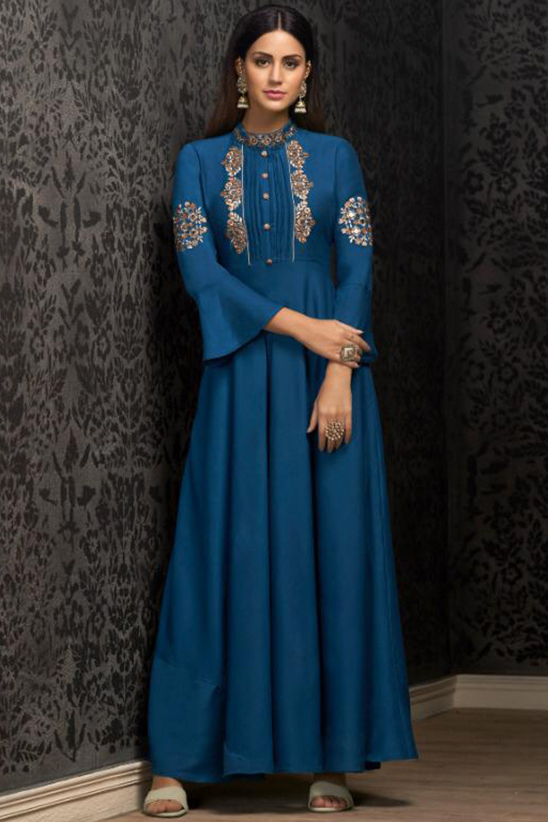 Buy Prussian Blue Muslin Anarkali Gown ...