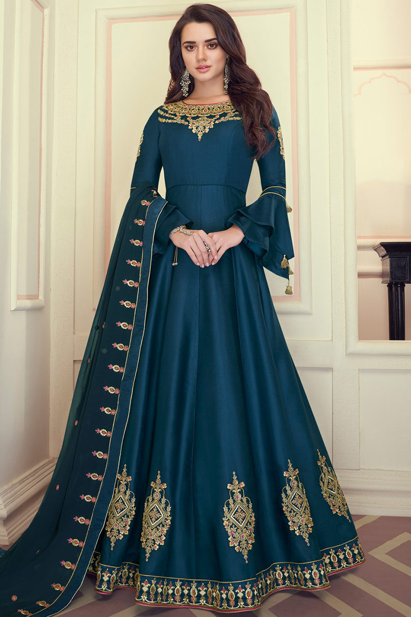 Buy Prussian Blue Silk Wedding Anarkali ...