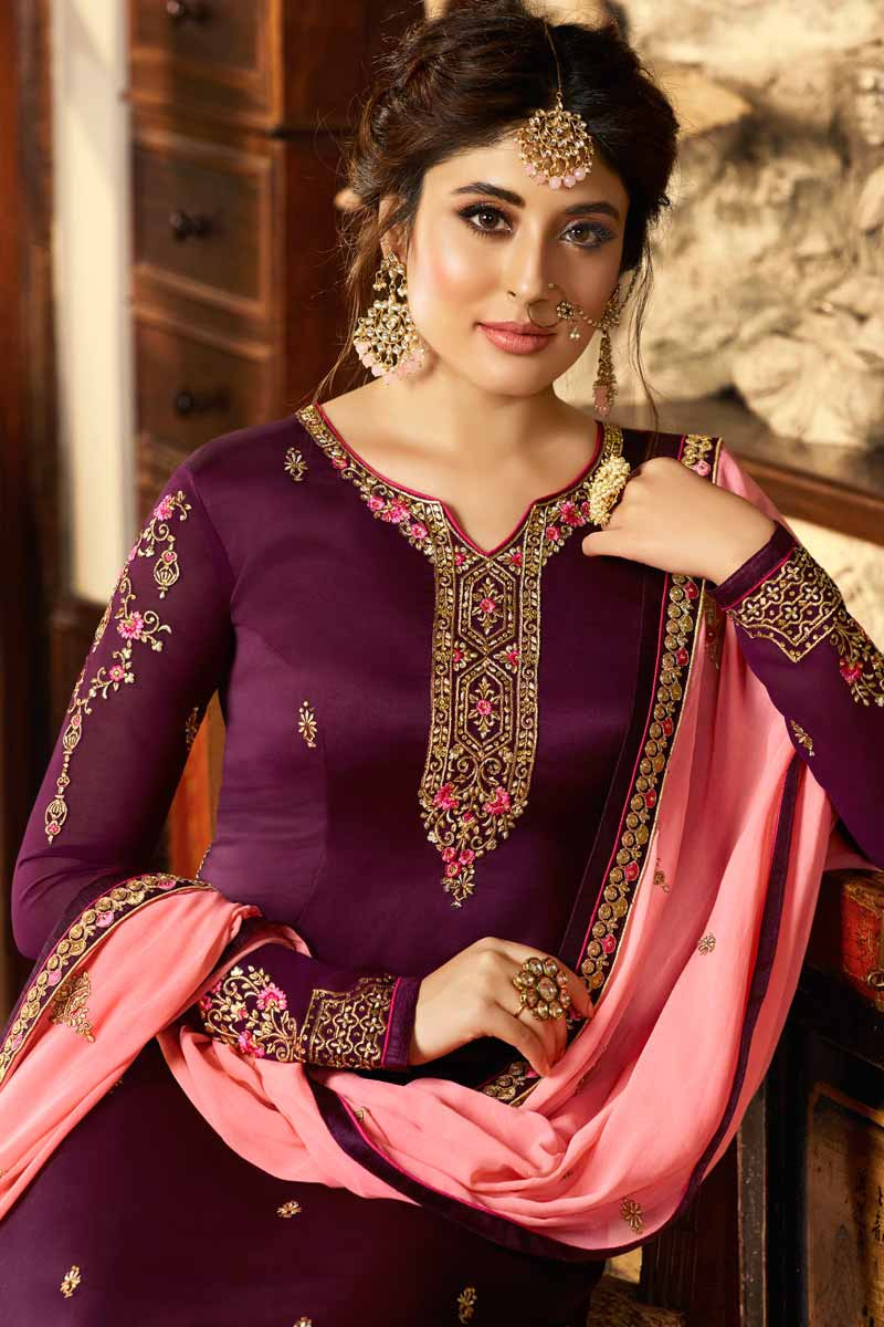 Buy Purple Georgette Embroidered Sharara Suit Online - LSTV02293 ...