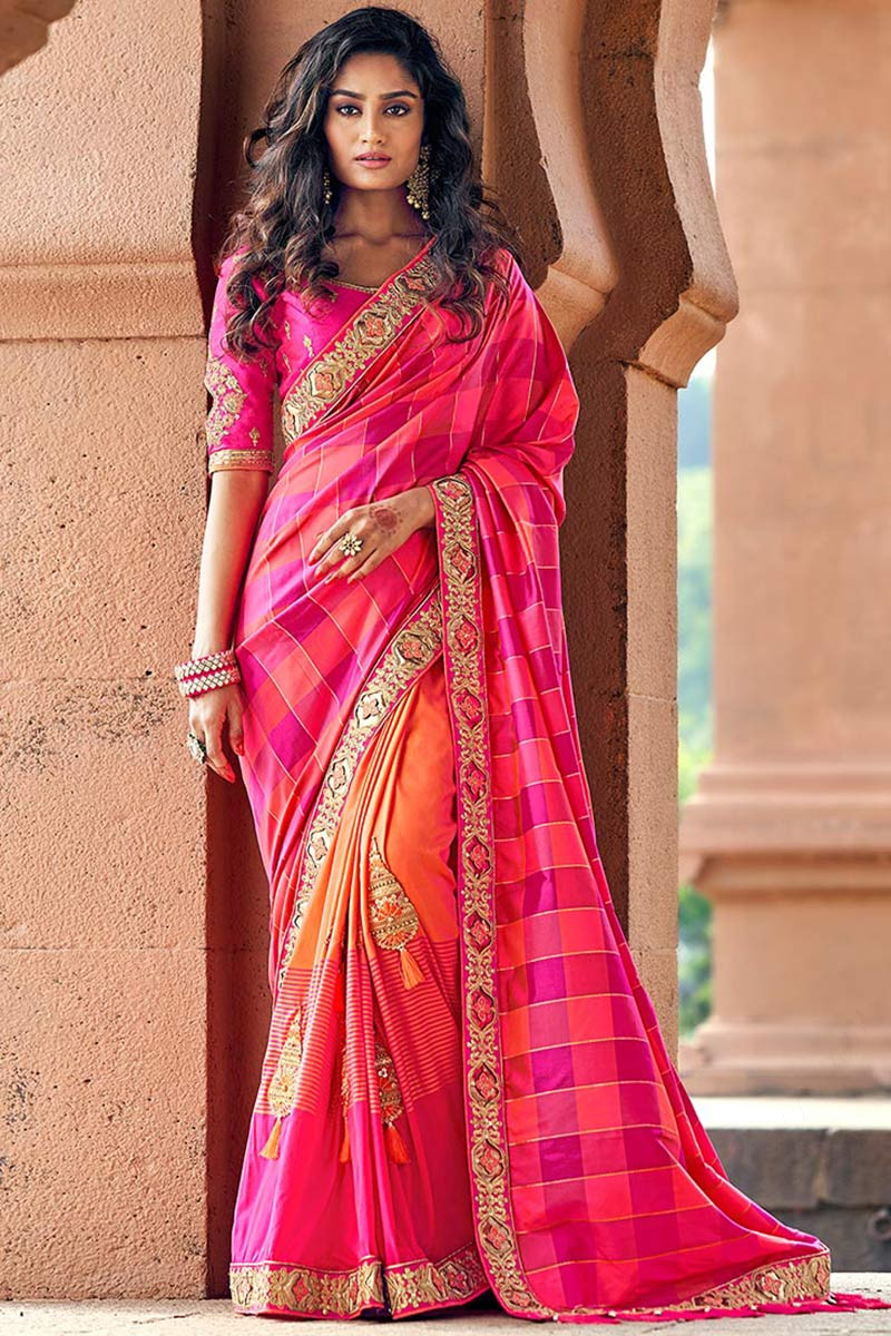 Buy Rani Pink Jacquard Silk Saree With Banglori Silk Blouse Online ...