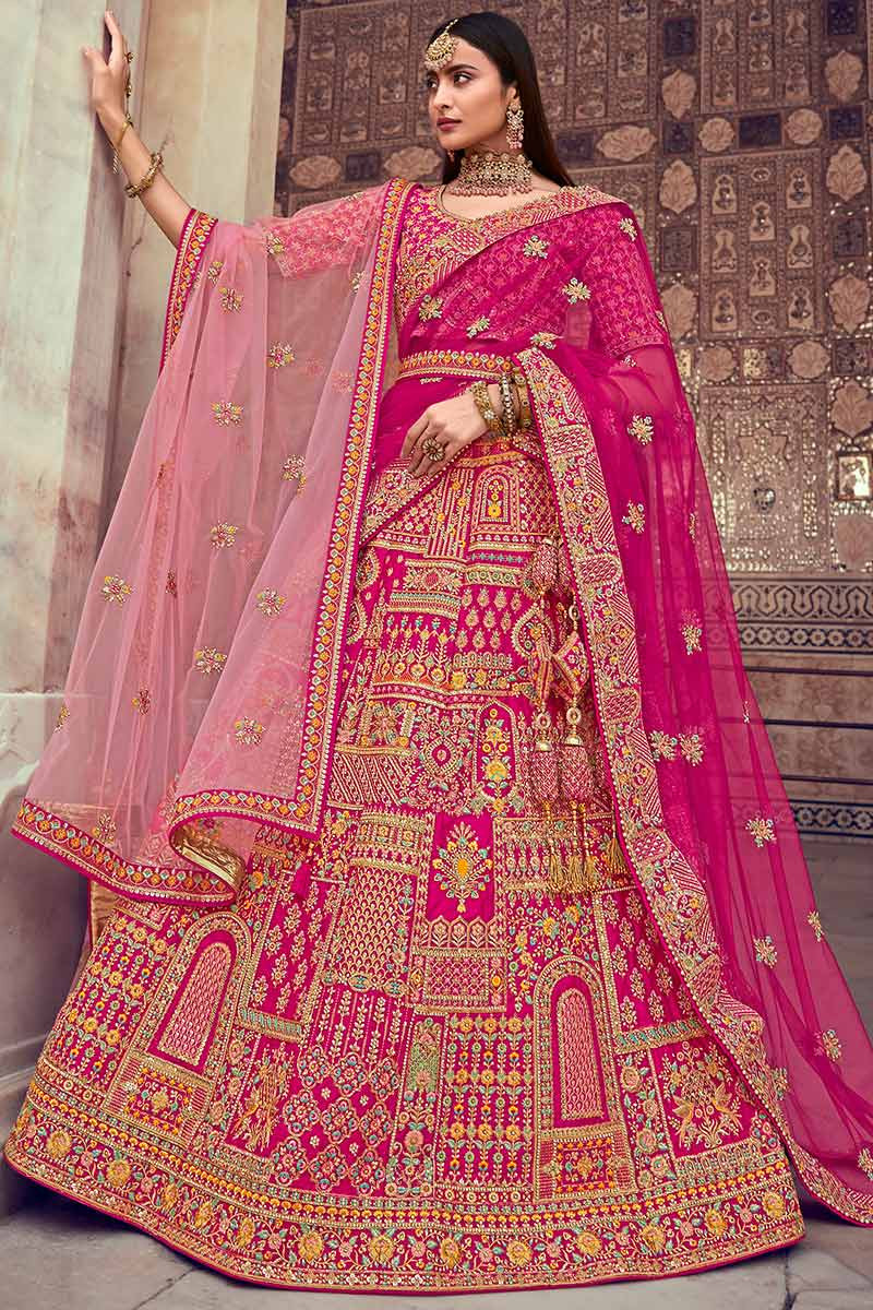 Rani Pink Velvet Fabric with Motifs Embroidery