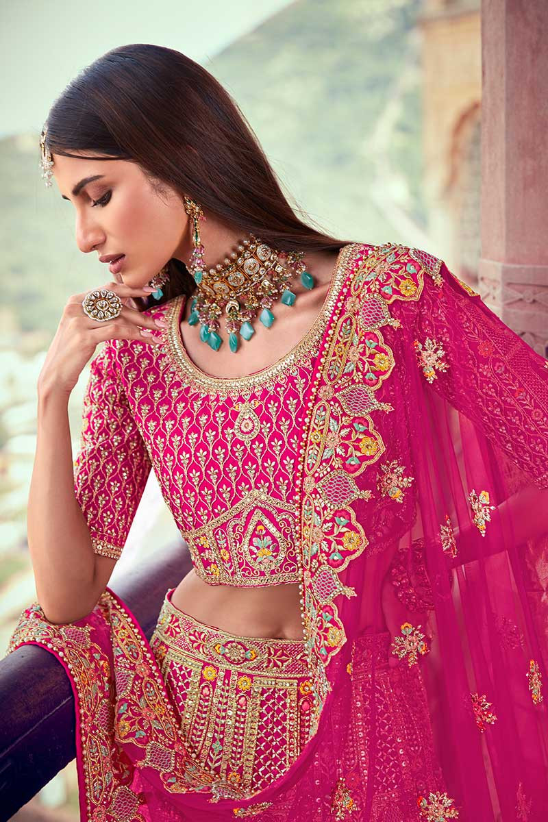 Rani Pink Velvet Fabric with Motifs Embroidery