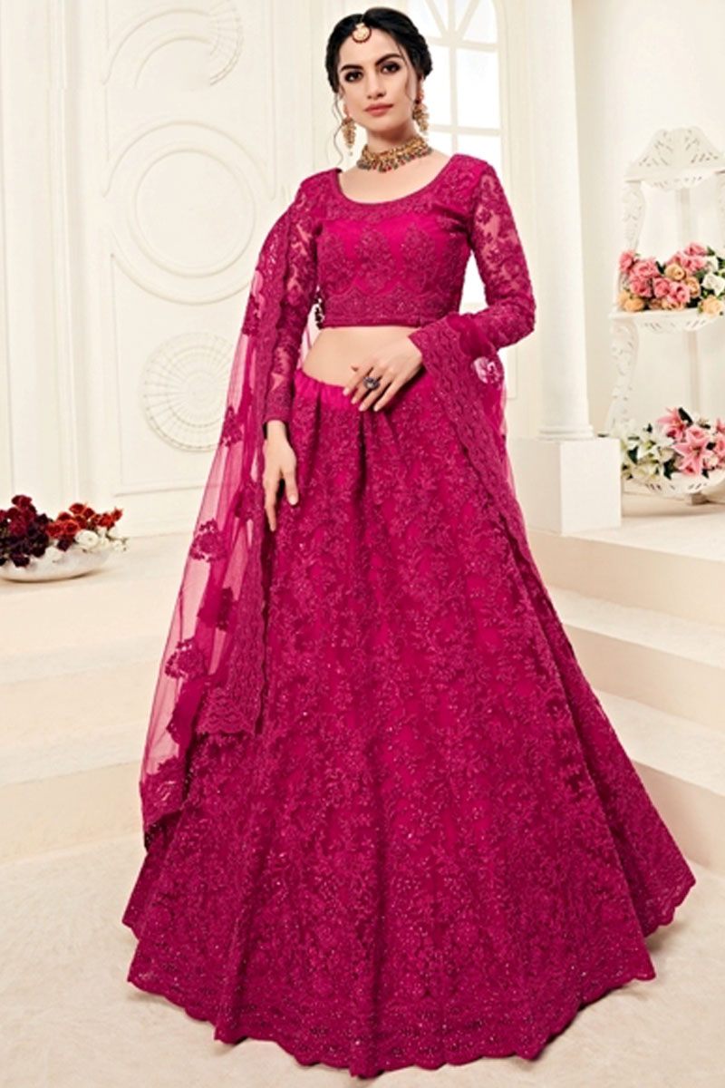 Buy Raspberry Pink Color Net Lehenga 