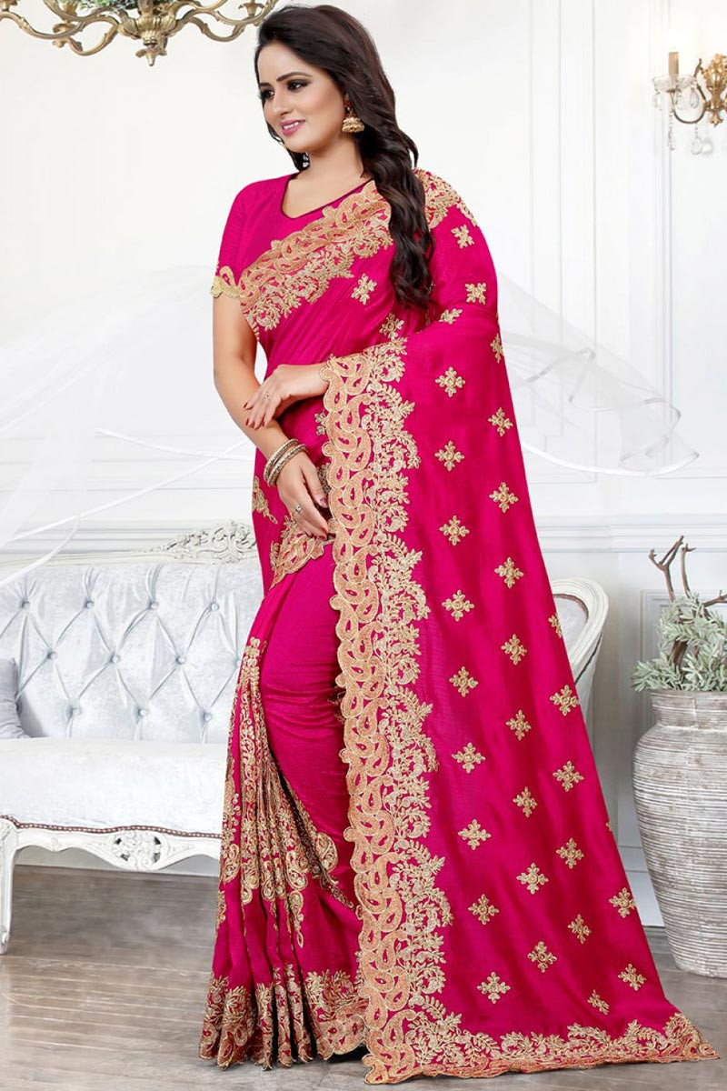 Buy Raw Silk Wedding Wear Saree In Rani Pink Colour Online ...