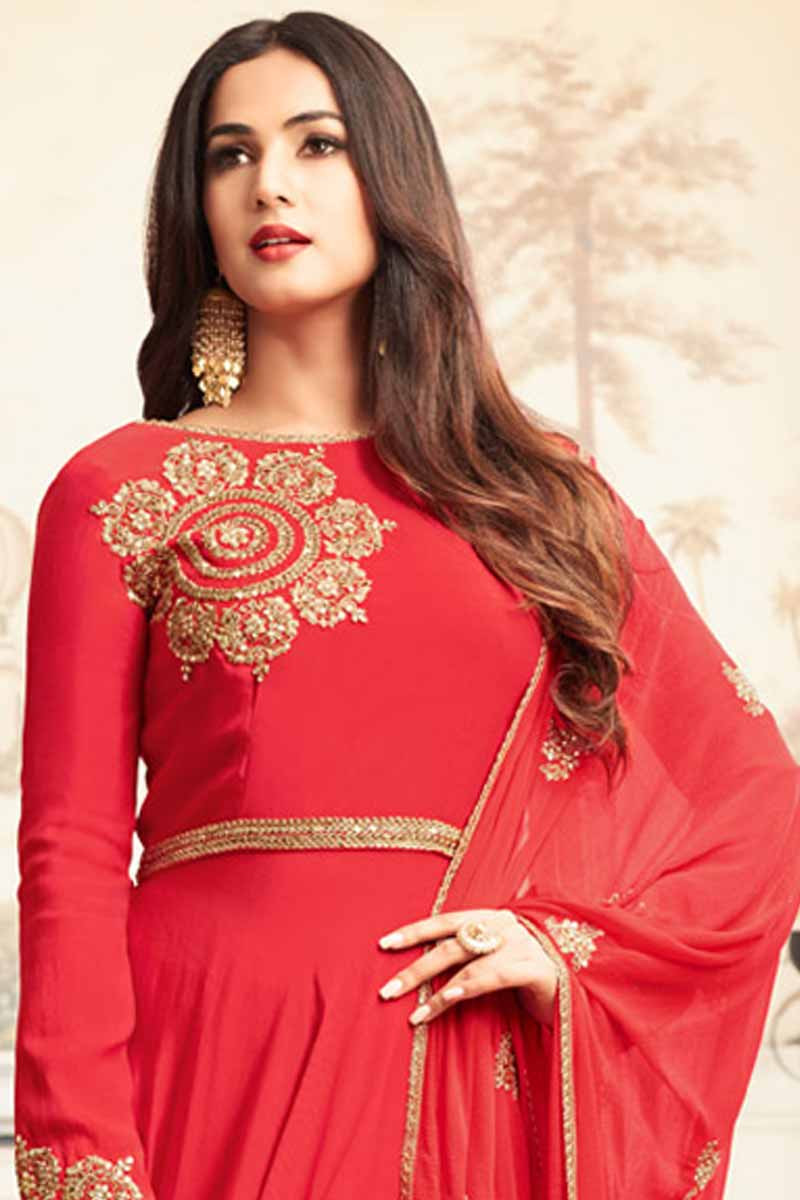 red silk anarkali suit