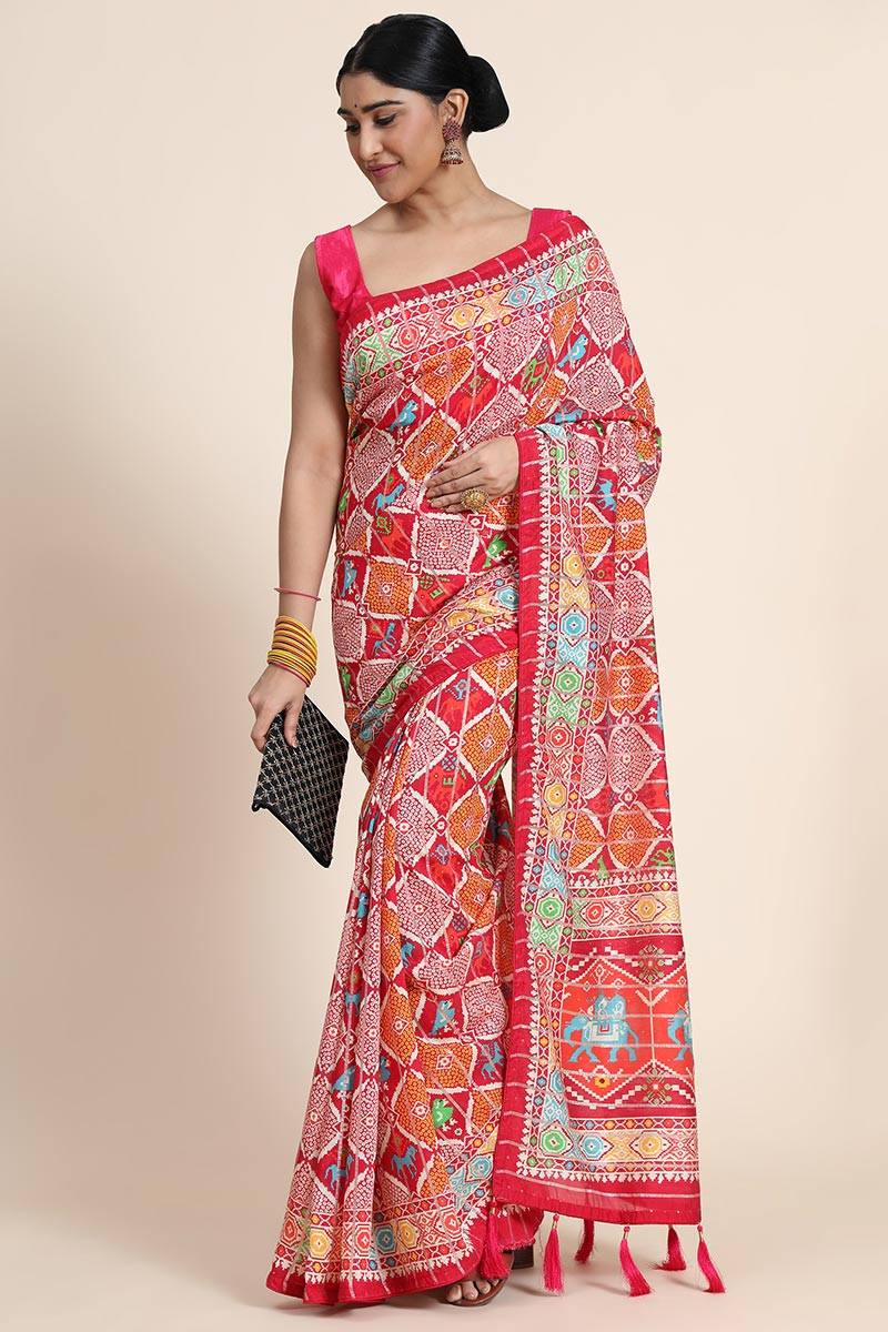 Shop Online Red Chanderi Cotton Printed Saree SARV136508