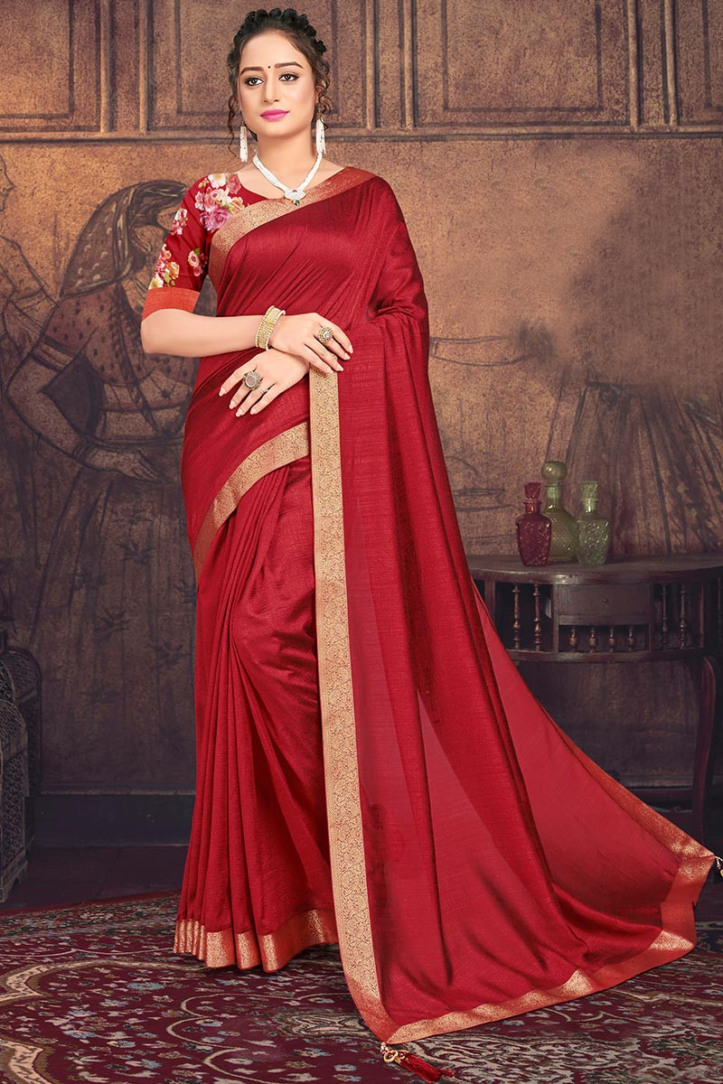 Dola Silk Saree Plain and Emboirdered Lace Border with Embroidered Blouse »  BRITHIKA Luxury Fashion