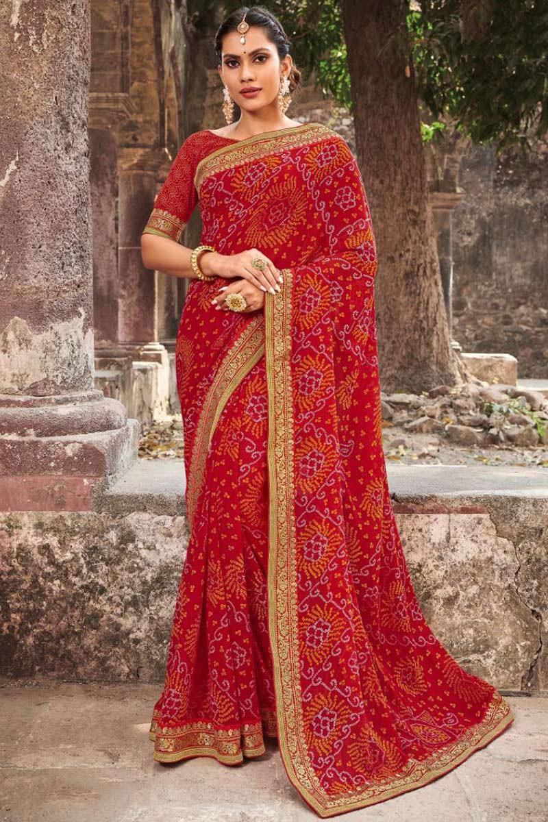werkplaats Justitie Beïnvloeden Buy Red Georgette Bandhej Saree With Zari Work Online - SARV04608 | Andaaz  Fashion