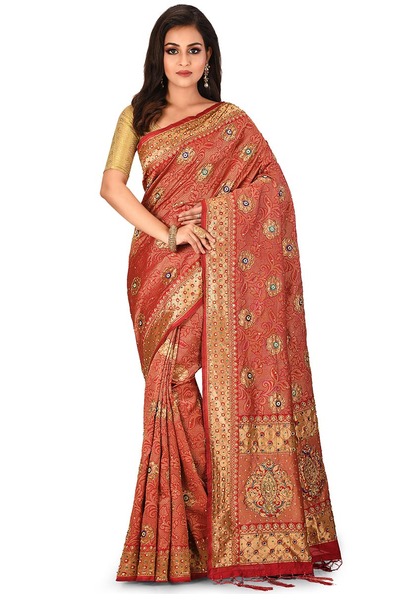 Buy Red Kanjivaram Silk Saree With Silk Blouse Online Sarv050 Andaaz Fashion