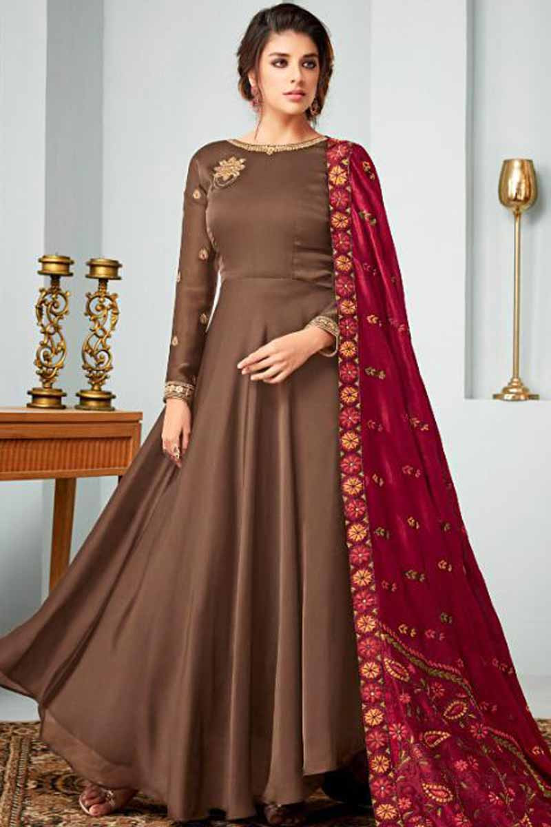 Buy Resham Embroidered Silk Anarkali Suit In Brown Color Online ...