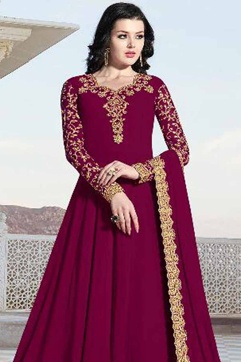 Buy Resham Embroidered Georgette Deep Pink Anarkali Suit Online ...
