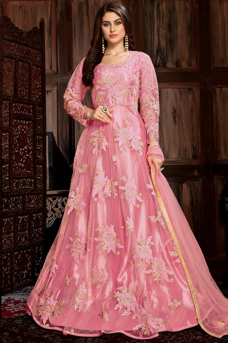 Buy Resham Embroidered Net Rose Pink Anarkali Suit Online - LSTV03537 ...