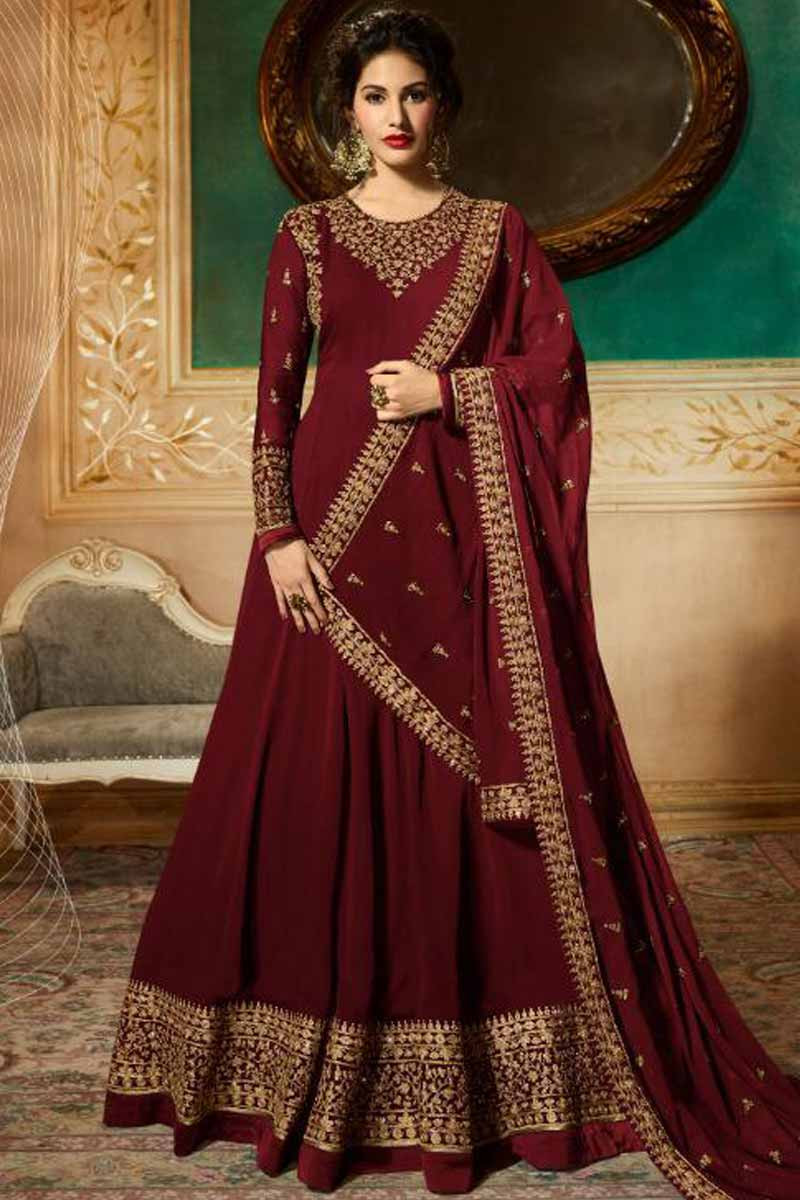 Buy Shopping Online Maroon Anarkali Suit With Resham Work