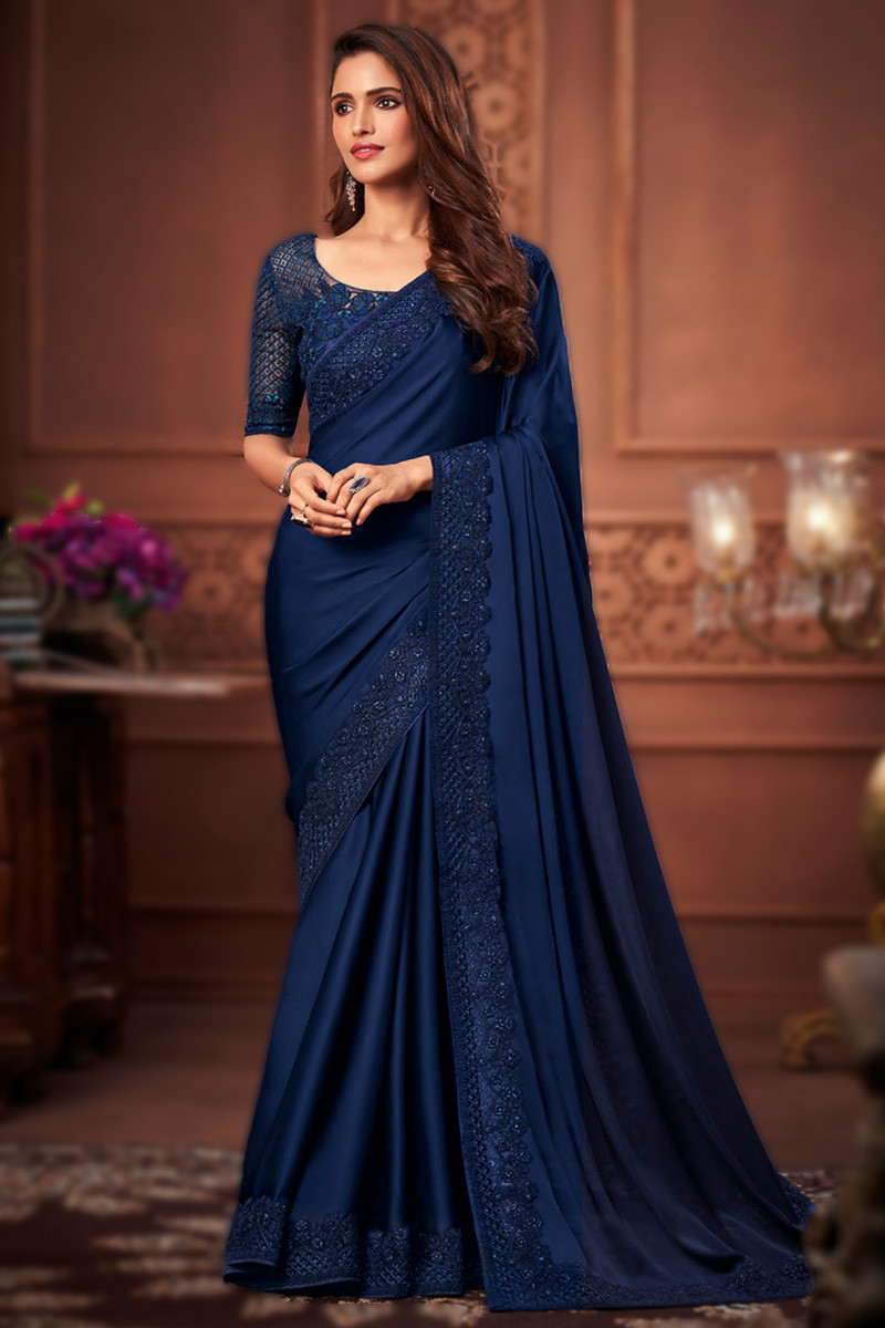 Shop Exclusive Resham Work Embroidered Soft Silk Navy Blue Saree ...