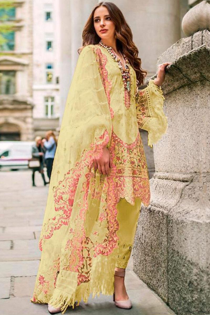 Light Yellow Net Trouser Suit LSTV09682
