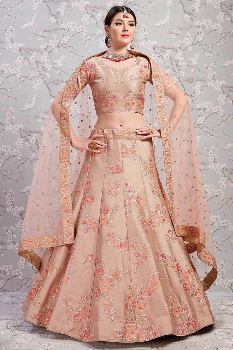Buy Rose Gold Silk Lehenga Choli With Resham Work Online Llcv01068 Andaaz Fashion For the blouse there is gold brocade fabric. rose gold silk lehenga choli with resham work